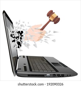 flying out of a broken laptop computer screen-hand wooden judge gavel
