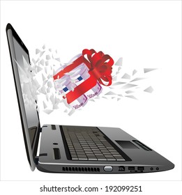 flying out of a broken laptop computer screen-Rolls of money wrapped in red bow and ribbon 
