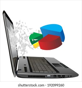 flying out of a broken laptop computer screen- business growth chart  