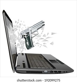 flying out of a broken laptop computer screen-gun 