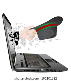 flying out of a broken laptop computer screen- hand giving hat  isolated on white background.