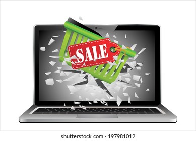 Flying out of a broken laptop computer screen-Shopping carts and a sale label isolated on white background