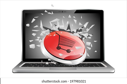 Flying out of a broken laptop computer screen-shopping cart red circle web glossy icon