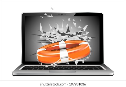 Flying out of a broken laptop computer screen- life preserver