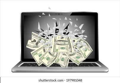 Flying out of a broken laptop computer screen-Online payments