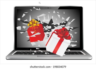 flying out of a broken laptop computer screen-Gifts isolated on white background