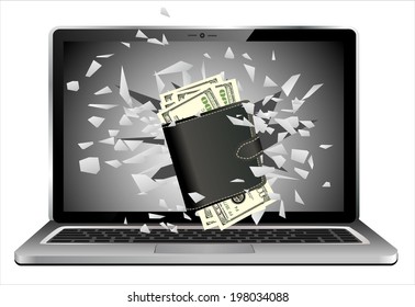 flying out of a broken laptop computer screen-black leather wallet with money isolated on white background