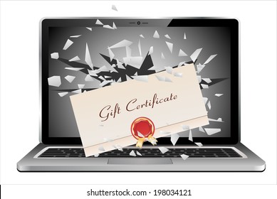 flying out of a broken laptop computer screen-Gift Certificate