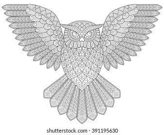 Flying owl. Adult antistress coloring page. Black and white hand drawn illustration for coloring book