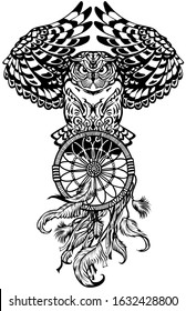 flying owl with american native indians dreamcatcher. Black and white tattoo style vector illustration