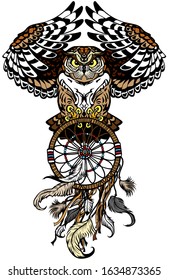 flying owl with american native indians dreamcatcher. Tattoo. Front view vector illustration