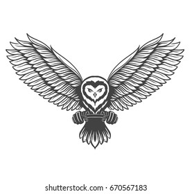 Flying owl in attacking pose with barbell. Hand drawn illustration.