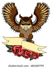 Flying Owl with a banner and roses. Old school tattoo style