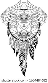flying owl in the circle of native Indians dreamcatcher. Black and white outline tattoo. Vector illustration