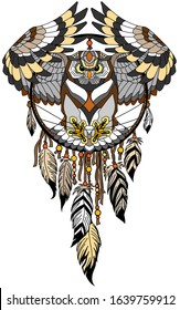 flying owl in the circle of native Indians dreamcatcher. Tattoo style vector illustration