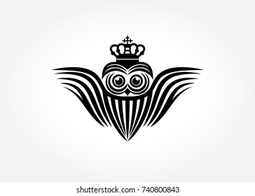 flying owl cute with crown logo design or illustration of royal kingdom guardian