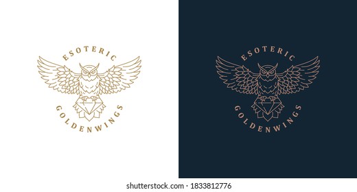 Flying owl with diamond logo template linear vector illustration. Golden wild owl flying and gem silhouette as symbol of wisdom and knowledge outline style. Good for magic logotype or esoteric brand.