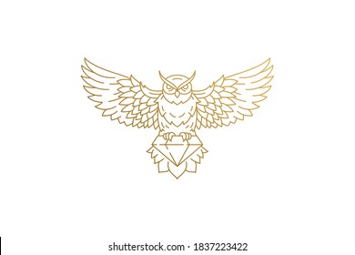 Flying owl with diamond silhouette linear vector illustration. Golden wild owl flying and gem created as symbol of wisdom and knowledge outline style. Good for mystic logo emblem or poster decoration.