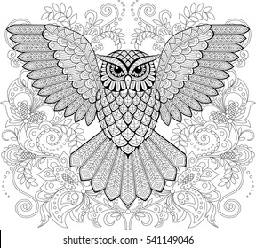 Flying owl and floral ornament in zentangle style. Adult antistress coloring page. Black and white hand drawn doodle for coloring book