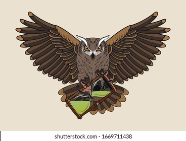 Flying Owl and Hourglass Tattoo Design Illustration 