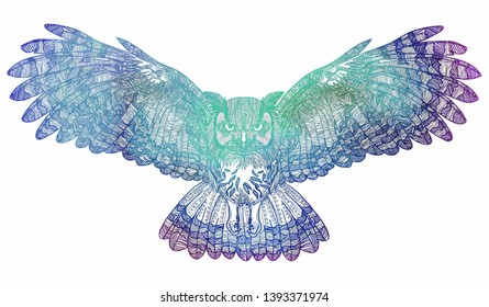 
Flying owl with large wings. Dudling painting, dudling, meditation. The bird spread its wings.