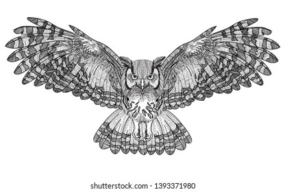 
Flying owl with large wings. Dudling painting, dudling, meditation. The bird spread its wings.