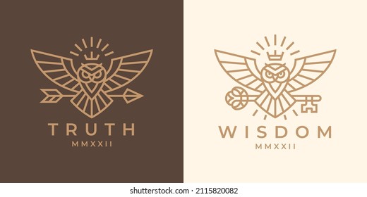 Flying owl logo line icon with key and arrow symbol of wisdom, truth and knowledge brand identity. Premium quality vector illustration.