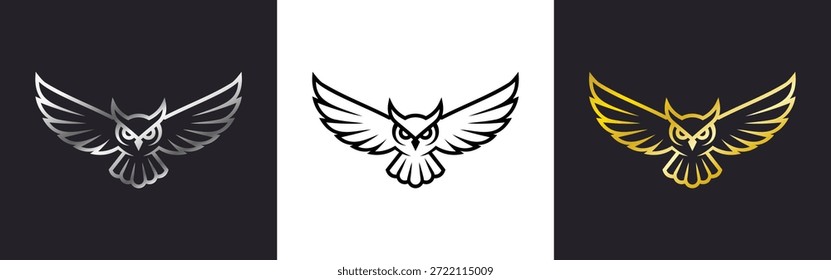 logotipo coruja voadora definido em preto prata e ouro elegante mascote emblema vetor isolado no fundo escuro