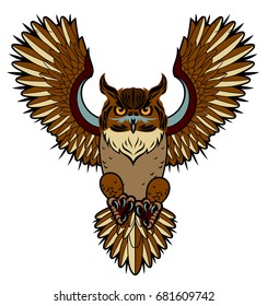 Flying Owl. Old school tattoo style