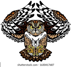 Flying Owl With Open Wings Looking Deep With A Sharp Gaze. Tattoo. Front View Vector Illustration