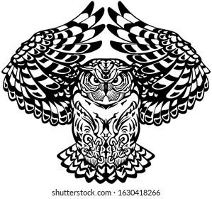 flying owl with open wings looking deep with a sharp gaze. Black and white tattoo. Front view vector illustration