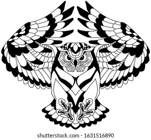 flying owl with open wings looking deep with a sharp gaze. Black and white outline tattoo. Front view vector illustration