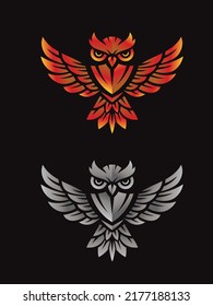 Flying Owl with Open Wings Mascot a symbol of wisdom isolated on black background