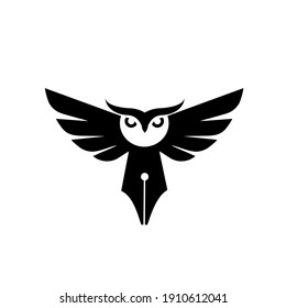flying Owl pen, smart pen logo concept owl bird with fountain pen nib vector icon illustration design