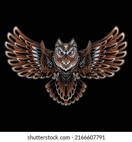 Flying owl poster. Vector illustration in engraving technique of an owl swooping with claws out and wings outstretched isolated on black background.