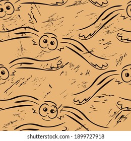 Flying owl seamless pattern in old retro style. Vintage pattern grunge design. Owl texture on craft paper. Retro texture. Print in old style.