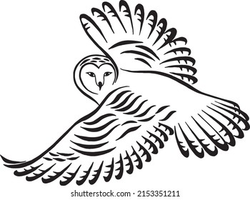 Flying Owl Silhouette.Owl In Flight With Spread Wings Drawing. Calligraphic Illustration