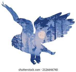 Flying Owl Silhouette. Inside The Night Landscape With Forest And Deer. Vector Illustration, Blue Tones 