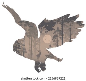 Flying Owl Silhouette. Inside The Night Landscape With Forest And Deer. Vector Illustration