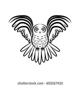 Flying owl silhouette isolated. Stock vector illustration of a bird in flight with stretched wings.