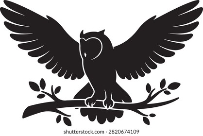 Flying owl silhouette, spreading wings bird, nature element.