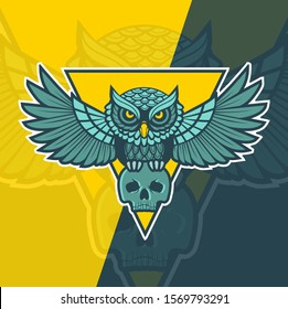 flying owl with skull mascot esport logo illustration