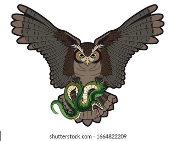 Flying Owl and Snake Drawing, Tattoo Style Design