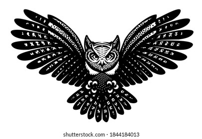 Flying owl with spread wings. Vector monochrome illustration. Template for poster design.