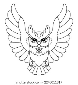 Flying owl tangle design. Hand drawn doodle vector illustration. Template with simple shapes to create a complex decorative coloring. Animal head front view for coloring page, tattoo, print, puzzle.