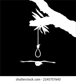 Lechuza voladora bajo la horca del árbol. Ilustración dramática, espeluznante, horrorosa, temerosa, misteriosa o espeluznante. Ilustración para película de terror o elemento de afiche de Halloween. Ilustración vectorial