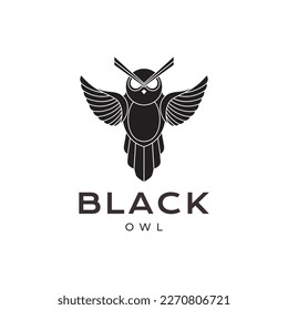 flying owl wings black night nocturnal modern minimal logo design icon vector illustration