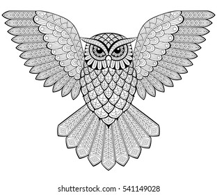 Flying owl in zentangle style. Adult antistress coloring page. Black and white hand drawn doodle for coloring book