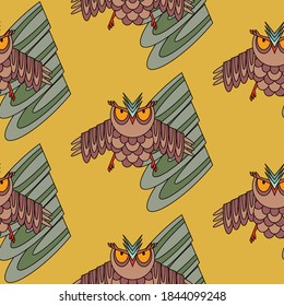 Flying Owls Seamless Pattern. Forest Background. Vector Illustration.