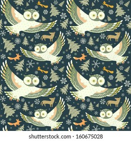 Flying owls. Seamless pattern with owls, wolf, fox, squirrel. Vector background.